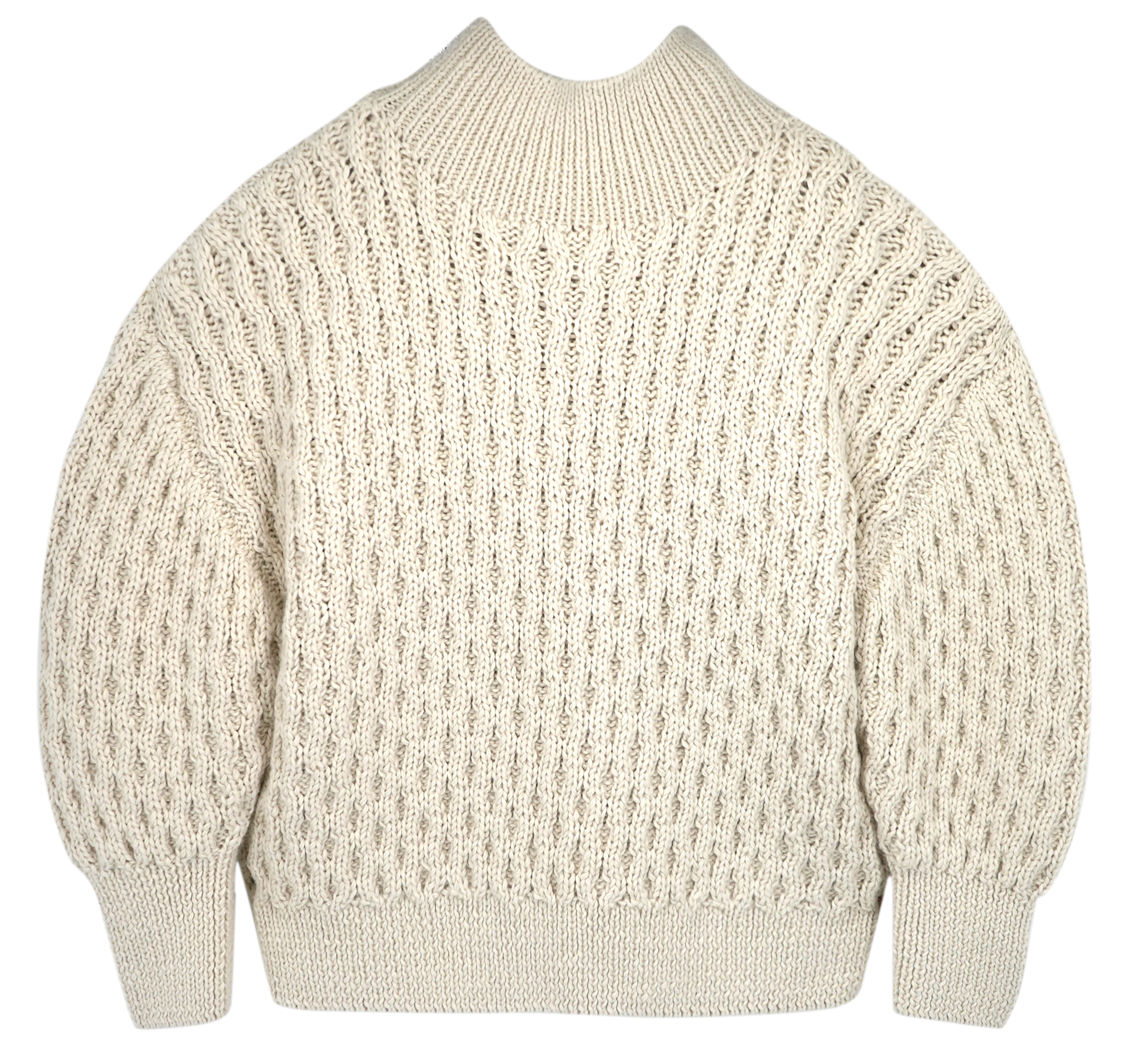 Girl wearing MIRTH women's pullover hand knit honeycomb weave megeve turtleneck sweater in ivory alpaca wool