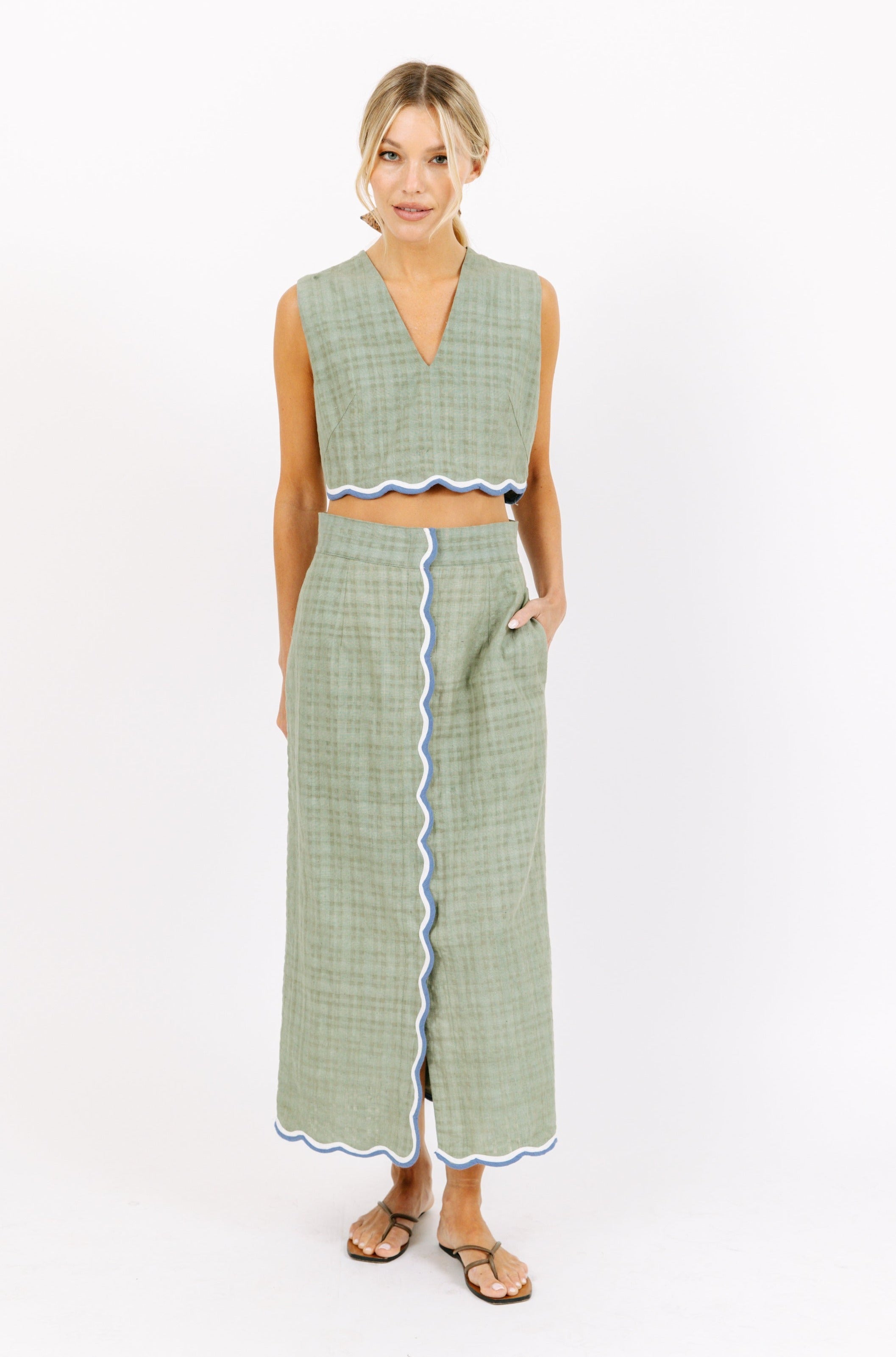 MIRTH long cotton bondi pencil skirt set in willow green with scallop