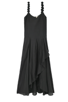 Girl wearing MIRTH women's long singapore spaghetti strap drop waist dress in black cotton silk