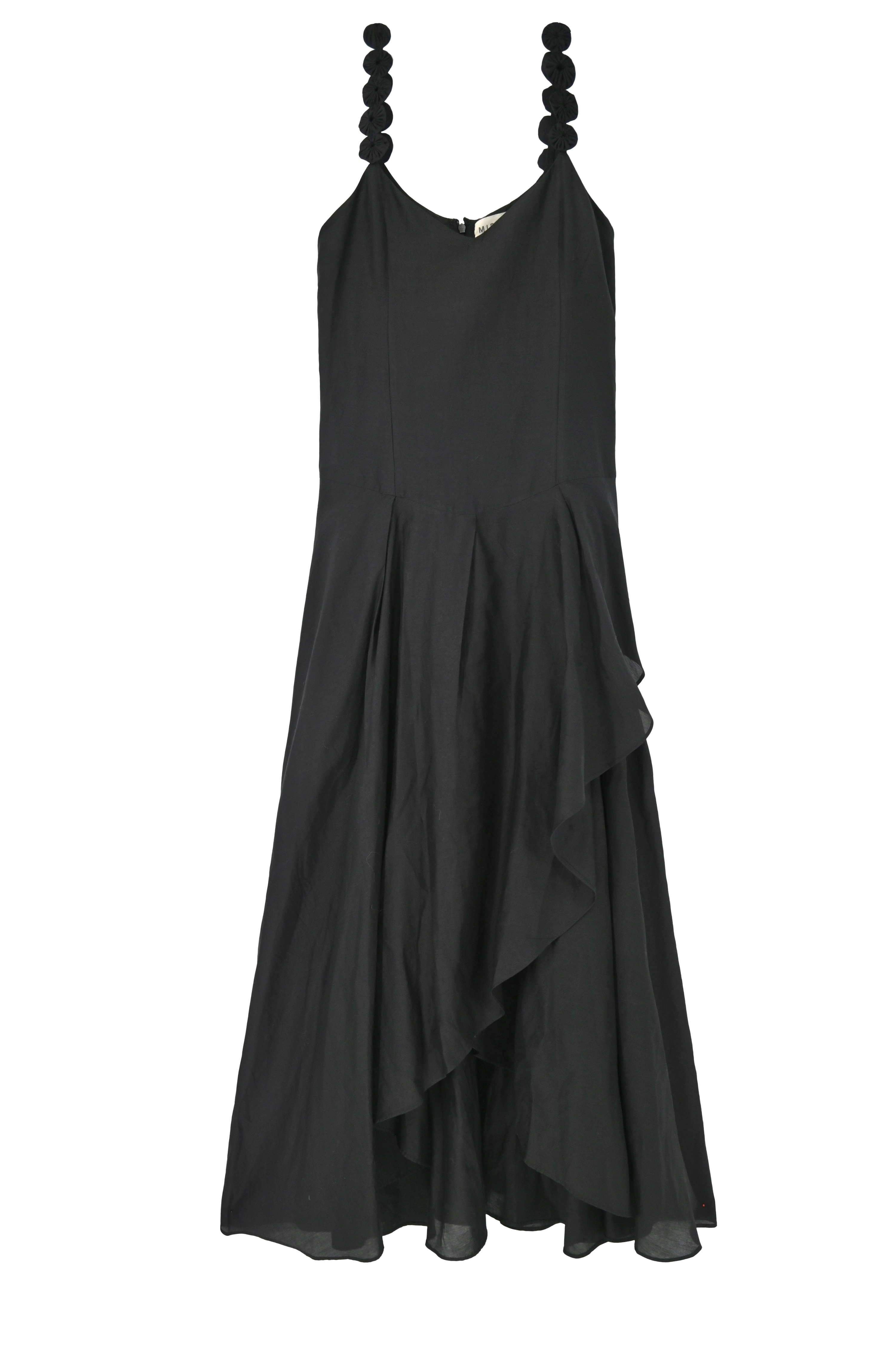 Girl wearing MIRTH women's long singapore spaghetti strap drop waist dress in black cotton silk