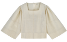 Girl wearing MIRTH women's pullover square neck cropped provence top in cream ecru cotton