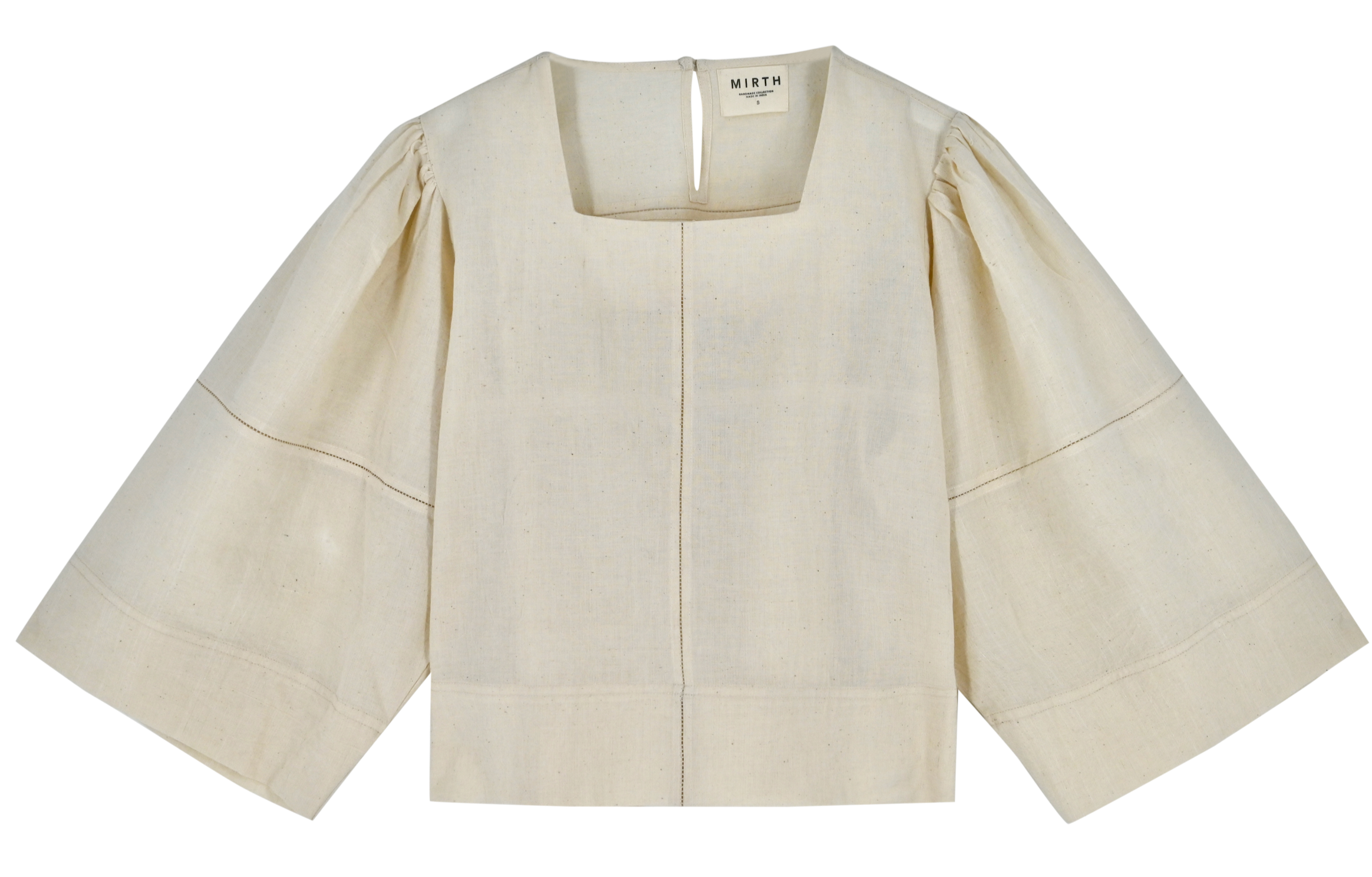 Girl wearing MIRTH women's pullover square neck cropped provence top in cream ecru cotton