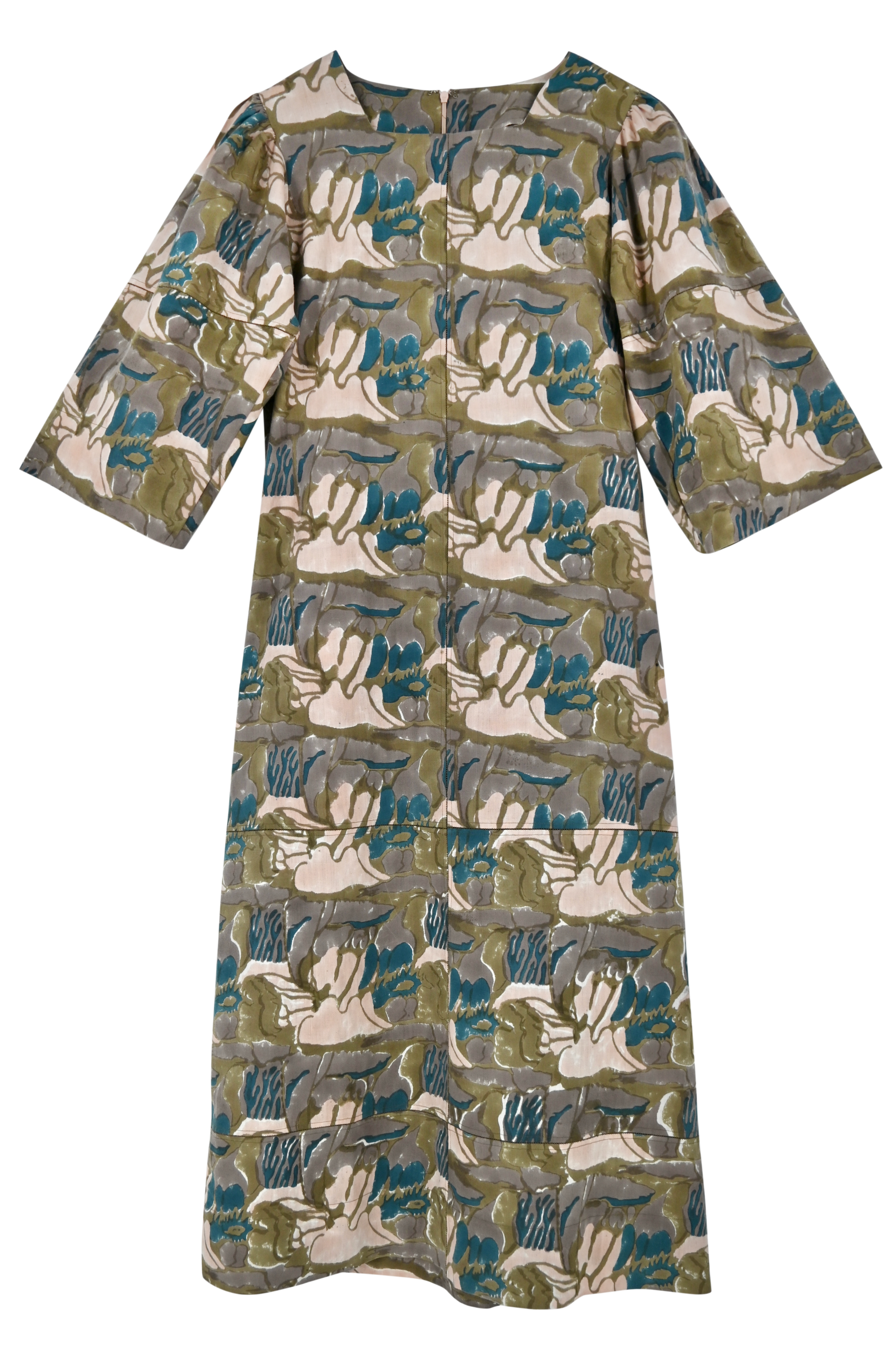 Girl wearing MIRTH women's square neck long caftan dress in brown moss reef blockprint