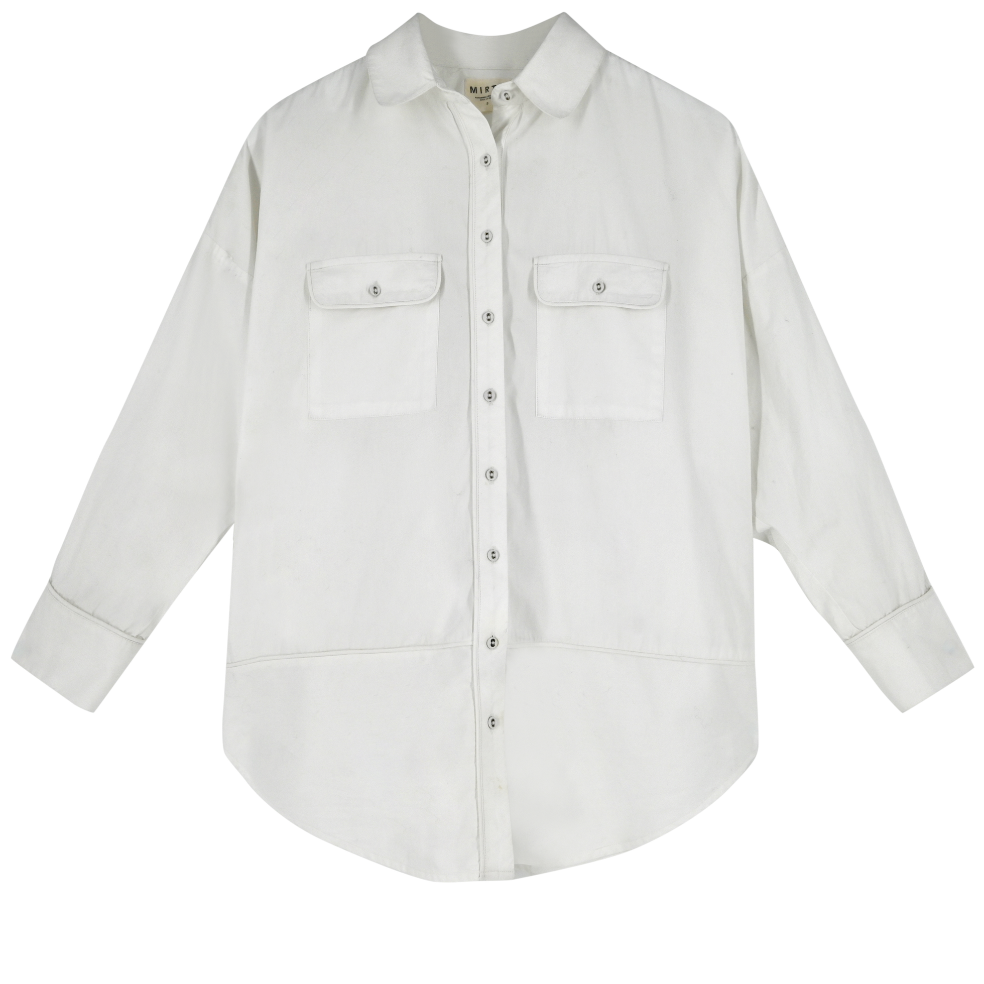 Girl wearing MIRTH women's button up long sleeve kyoto shirt in white cotton poplin