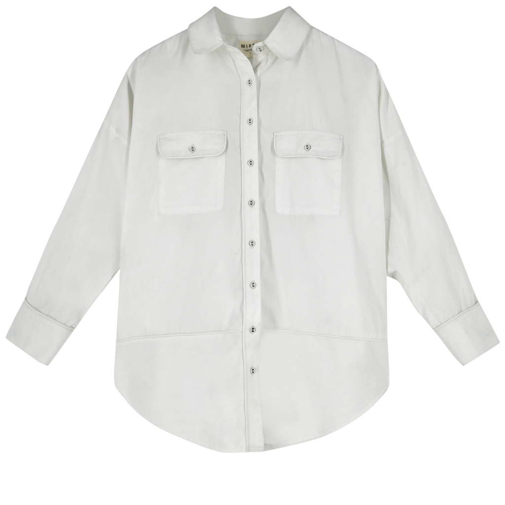 Girl wearing MIRTH women's button up long sleeve kyoto shirt in white cotton poplin