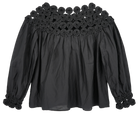 Girl wearing MIRTH women's pullover rosette rosenberg blouse in black cotton silk