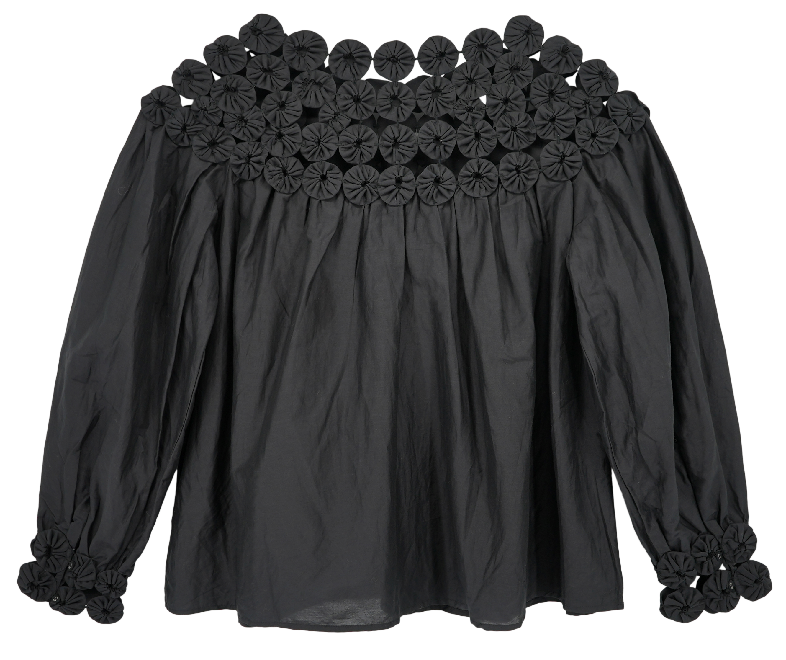 Girl wearing MIRTH women's pullover rosette rosenberg blouse in black cotton silk