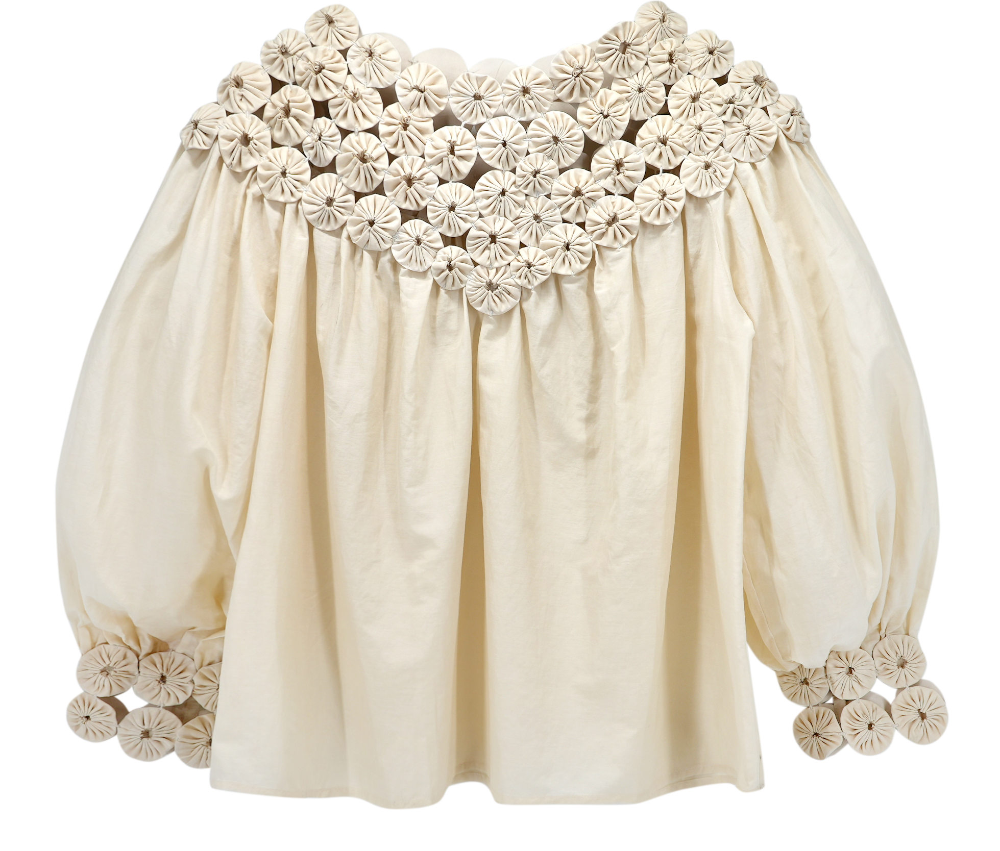 Girl wearing MIRTH women's pullover rosette rosenberg blouse in cream cotton silk