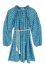 Girl wearing MIRTH women's somerset short coverup dress in indigo rain blue cotton 