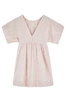 Girl wearing MIRTH women's v-neck short sonoma dress in handloomed light pink rosa cotton jacquard 