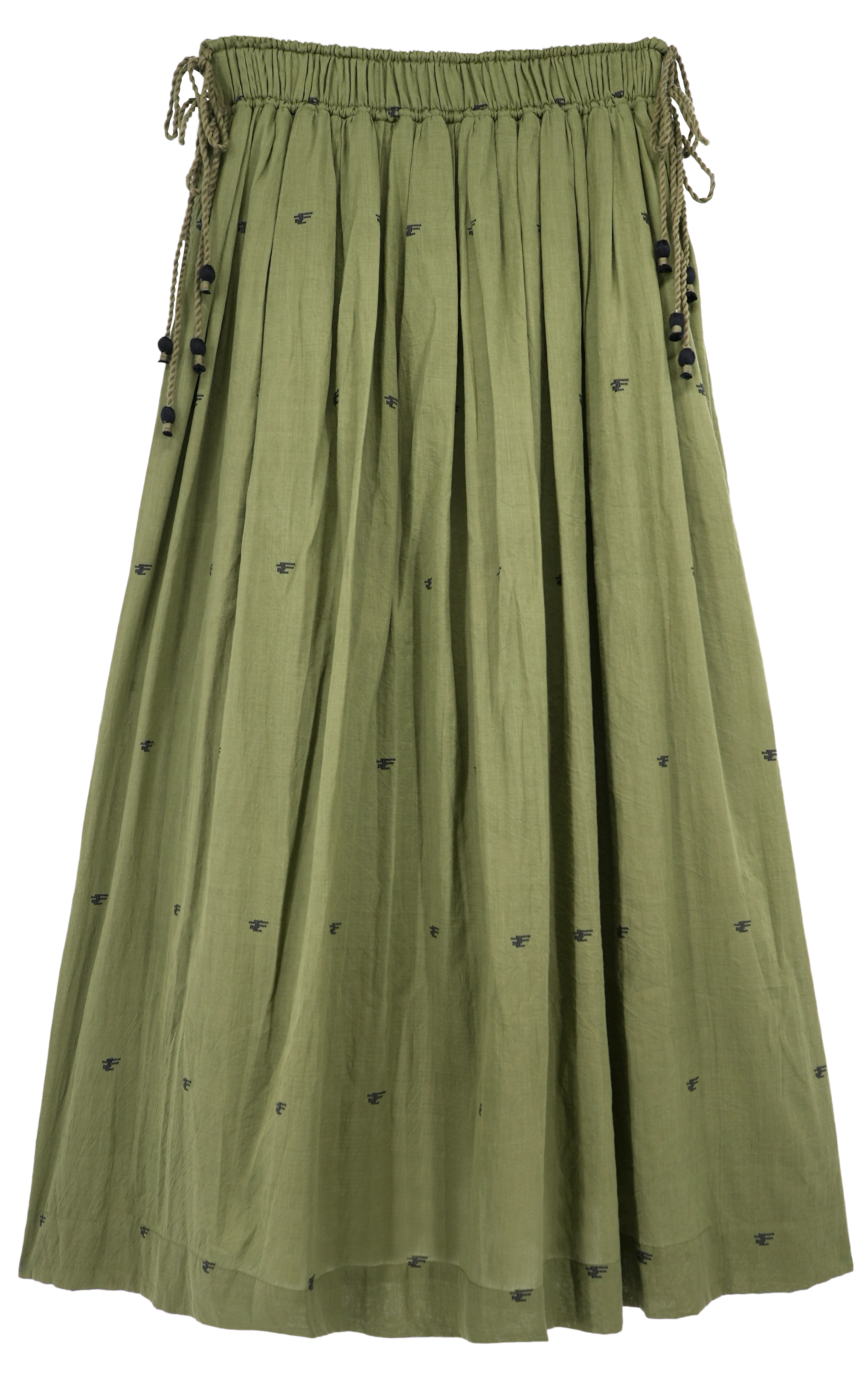 Girl wearing MIRTH women's lowy maxi verona vacation skirt in handloomed jamdani olive green cotton