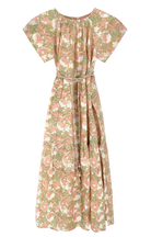 Girl wearing MIRTH women's long tiered short sleeve vienna maxi dress in snapdragon bloom pink floral print cotton